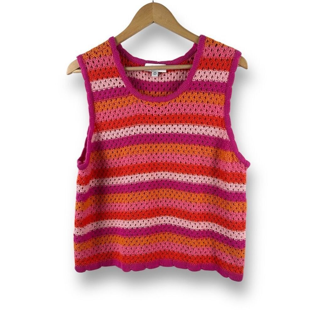 Free Assembly Women's XXL Sleeveless‎ Open Knit Sweater Vest Orange Pink Stripe